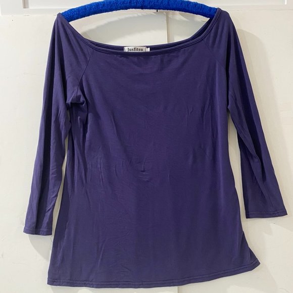 Justfitsu Womens Top Off The Shoulder Periwinkle Blue Long Sleeves Blouse L - Picture 1 of 5